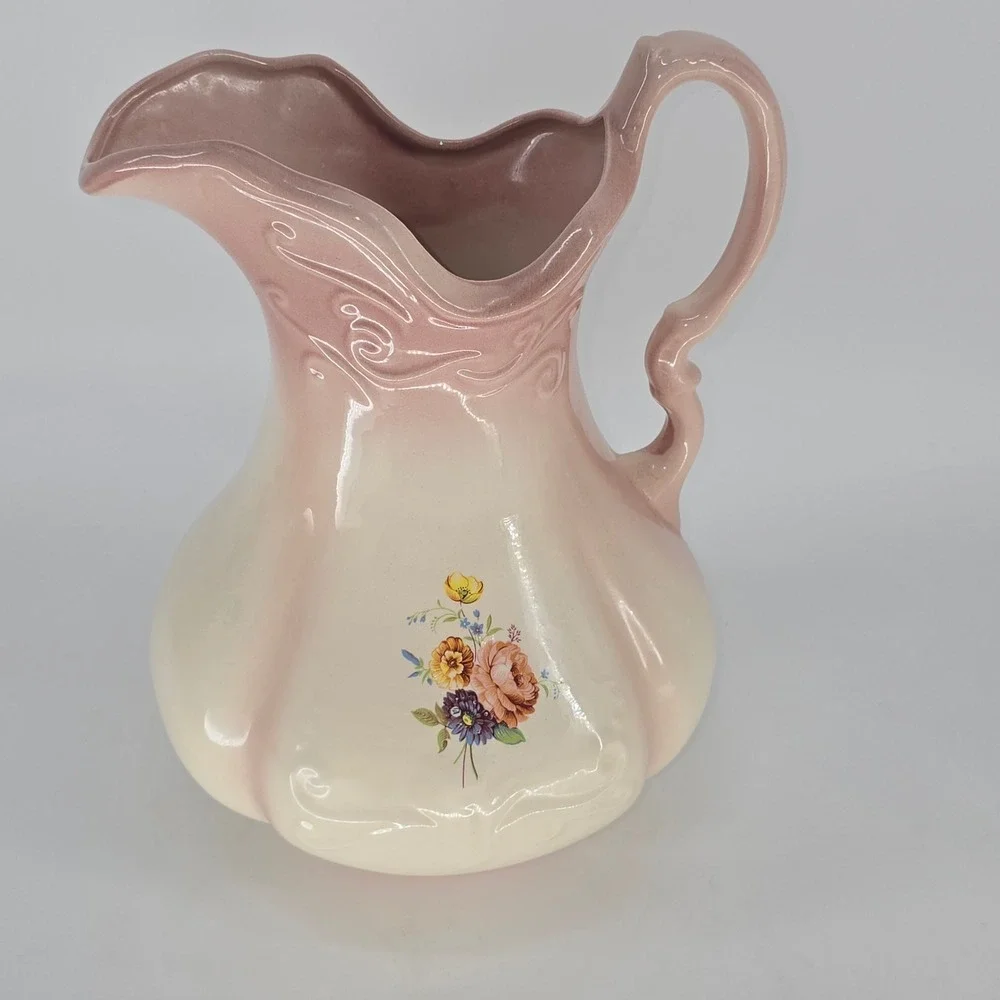 Vintage Pink Cream Floral Ceramic Pitcher Vase Ornate Scalloped Victorian Style